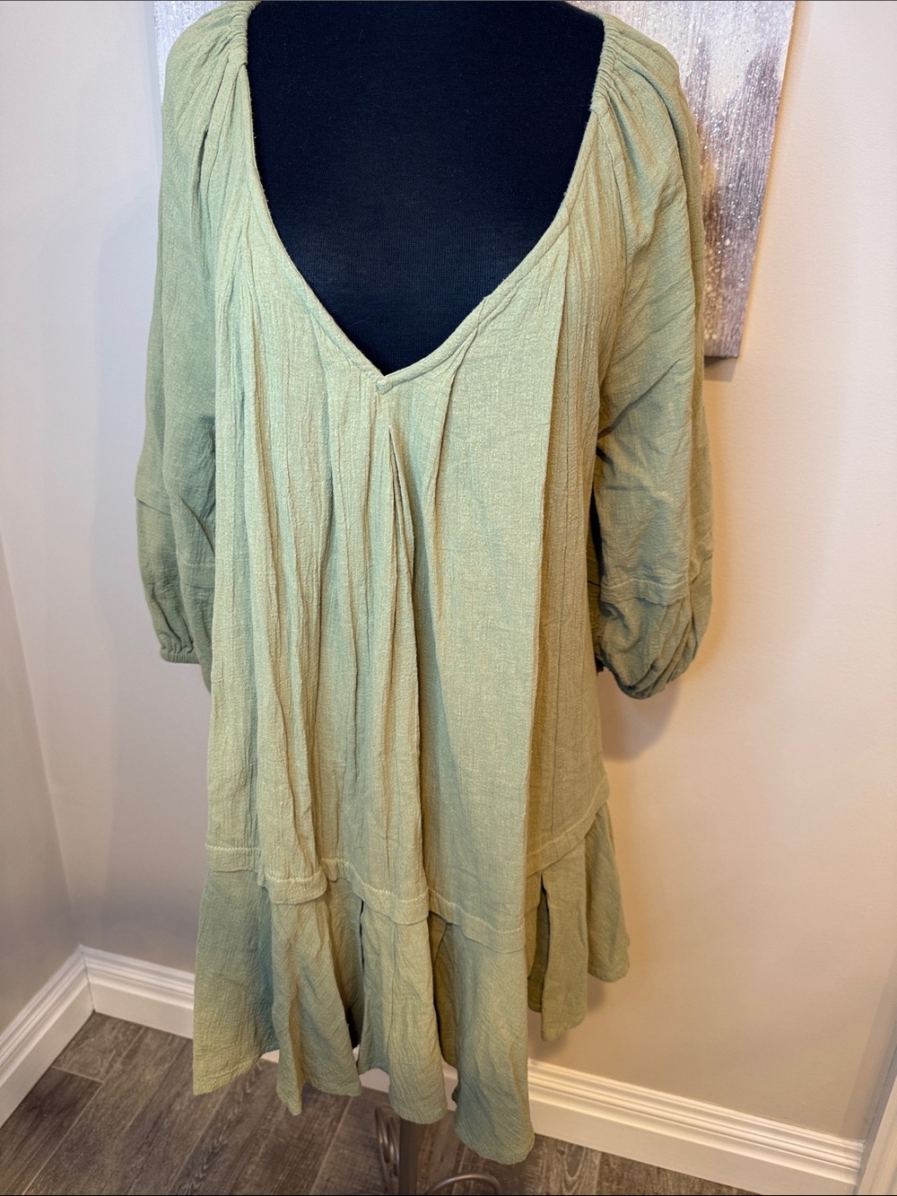 Free People Light Green V-Neck Women’s Tiered Dress size Large